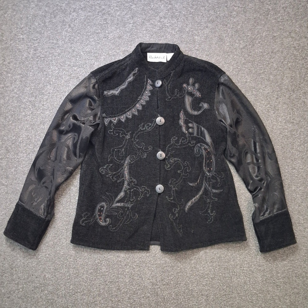 Flashback Womens Black Embroidered Damask Sleeve Button Front Jacket Medium - Picture 10 of 12